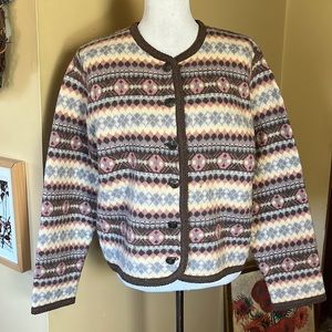 Vintage TALLY-HO Size Large Nordic Faire Isle Wool Cardigan Soft Colors Modest